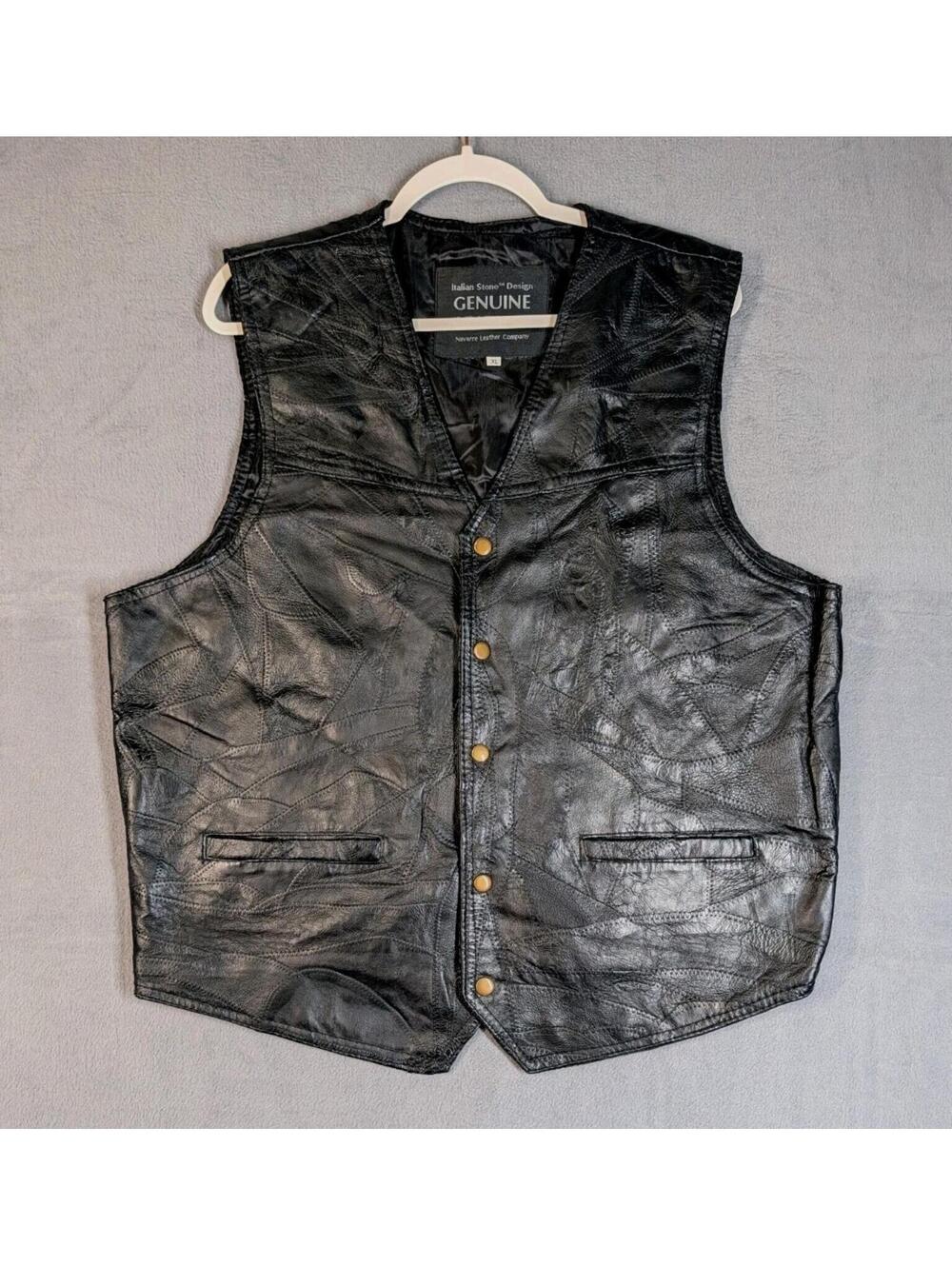 VTG Navarre Mens XL Black Genuine Leather Vest Western Biker Motorcycle Classic